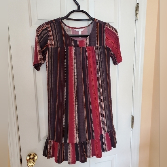 BCBGENERATION Ruffled Short Sleeve Striped Dress Ladies Size XXS Red Brown Boho - Picture 1 of 4